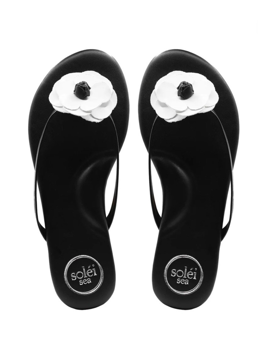 Solei Sea Valentina Black Flip Flops / Sandals with White Flower Accent